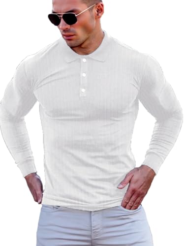 Yewloch Poloshirt Herren Langarm & Kurzarm Getäfelt T Shirts Männer Hemd T-Shirt，Männer Slim Fit Baumwolle Golf Casual Muskel T Shirt Weiß, XL von Yewloch