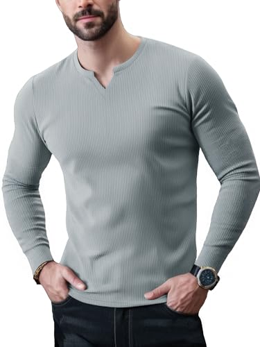 Yewloch Herren Langarm T-Shirts mit V-Ausschnitt,Sports Casual T-Shirt,Slim Fit Basic Tops, Stretch Muskelshirts,Langarmshirts,Business Unterhemd Shirts Grau,L von Yewloch