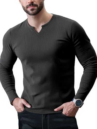 Yewloch Herren Langarm T-Shirts mit V-Ausschnitt,Sports Casual T-Shirt,Slim Fit Basic Tops, Stretch Muskelshirts,Langarmshirts,Business Unterhemd Shirts Schwarz,XL von Yewloch