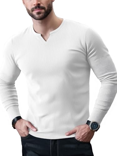 Yewloch Herren Langarm T-Shirts mit V-Ausschnitt,Sports Casual T-Shirt,Slim Fit Basic Tops, Stretch Muskelshirts,Langarmshirts,Business Unterhemd Shirts Weiß,M von Yewloch