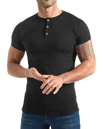 Yewloch Herren Longsleeve Muskel Henley Pullover,Slim Fit Kurzarm/Langarmshirts,Baumwolle Grandad Ausschnitt Henley Sweatshirt,Lässiges Geripptes Stretch Tops Herren, Schwarz, S von Yewloch