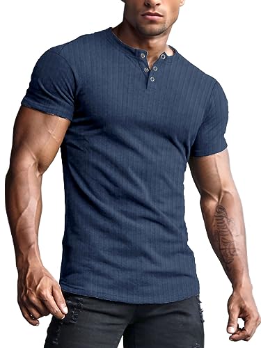 Yewloch Herren Longsleeve Muskel Henley Pullover,Slim Fit Kurzarm/Langarmshirts,Baumwolle Grandad Ausschnitt Henley Sweatshirt,Lässiges Geripptes Stretch Tops Herren Blau, 2XL von Yewloch