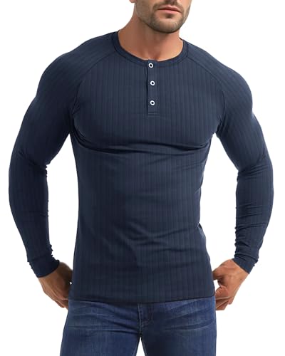 Yewloch Baumwolle Langarmshirts für Herren Henley Shirt Longsleeve T Shirt mit Knopfleiste Langarm T-Shirt,Slim Fit Kurzarm & Langarm TshirtsBasic Einfarbig Männer Blau, L von Yewloch