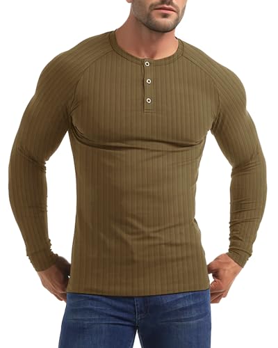 Yewloch Baumwolle Langarmshirts für Herren Henley Shirt Longsleeve T Shirt mit Knopfleiste Langarm T-Shirt,Slim Fit Kurzarm & Langarm TshirtsBasic Einfarbig Männer Braun, 2XL von Yewloch