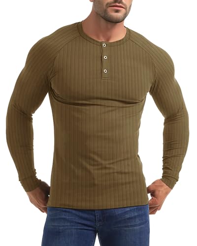 Yewloch Herren Longsleeve Muskel Henley Pullover,Slim Fit Kurzarm/Langarmshirts,Baumwolle Grandad Ausschnitt Henley Sweatshirt,Lässiges Geripptes Stretch Tops Herren Braun, L von Yewloch