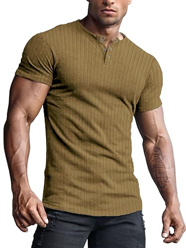 Yewloch Baumwolle T-Shirts für Herren Henley Tshirt,Sommer Kurzarm T-Shirt,Slim Fit Kurzarm & Langarm TshirtsBasic Einfarbig Männer Braun, XL von Yewloch