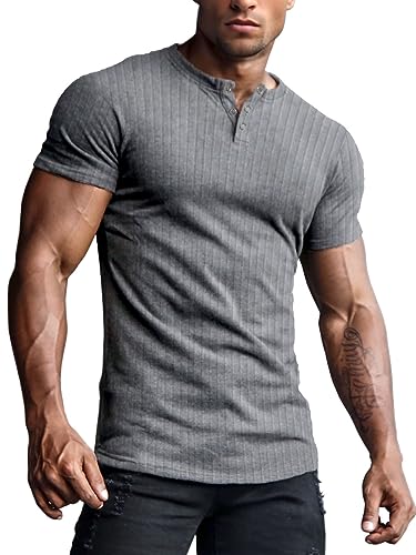 Yewloch Baumwolle T-Shirts für Herren Henley Tshirt,Sommer Kurzarm T-Shirt,Slim Fit Kurzarm & Langarm TshirtsBasic Einfarbig Männer Dunkelgrau, XL von Yewloch