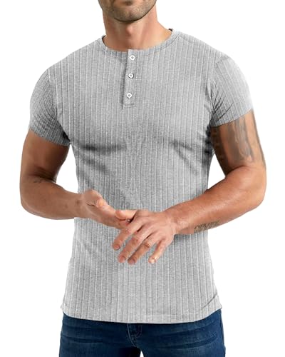 Yewloch Herren Longsleeve Muskel Henley Pullover,Slim Fit Kurzarm/Langarmshirts,Baumwolle Grandad Ausschnitt Henley Sweatshirt,Lässiges Geripptes Stretch Tops Herren Grau, XL von Yewloch