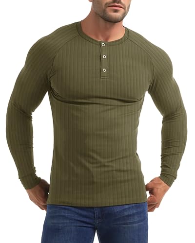 Yewloch Herren Longsleeve Muskel Henley Pullover,Slim Fit Kurzarm/Langarmshirts,Baumwolle Grandad Ausschnitt Henley Sweatshirt,Lässiges Geripptes Stretch Tops Herren Grün, 2XL von Yewloch