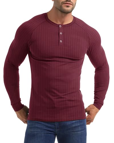 Yewloch Baumwolle Langarmshirts für Herren Henley Shirt Longsleeve T Shirt mit Knopfleiste Langarm T-Shirt,Slim Fit Kurzarm & Langarm TshirtsBasic Einfarbig Männer Rot, 2XL von Yewloch