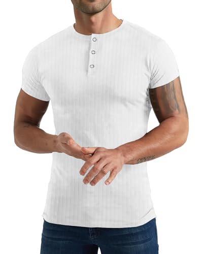 Yewloch Baumwolle T-Shirts für Herren Henley Tshirt,Sommer Kurzarm T-Shirt,Slim Fit Kurzarm & Langarm TshirtsBasic Einfarbig Männer Weiß, L von Yewloch