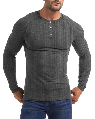 Yewloch Herren Longsleeve Muskel-Henley-Pullover,Slim Fit Kurzarm/Langarmshirts,Baumwolle Grandad-Ausschnitt Henley Sweatshirt,Unterzieh Elastisch Einfarbig Dunkelgrau, XL von Yewloch