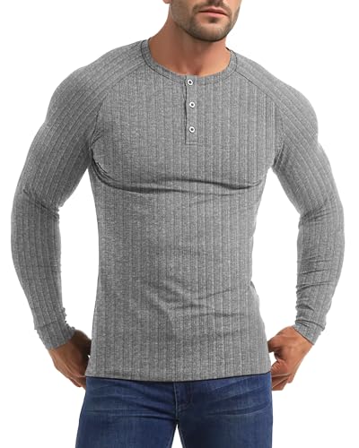 Yewloch Herren Longsleeve Muskel Henley Pullover,Slim Fit Kurzarm/Langarmshirts,Baumwolle Grandad Ausschnitt Henley Sweatshirt,Lässiges Geripptes Stretch Tops Herren Grau, XL von Yewloch