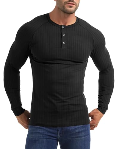 Yewloch Herren Longsleeve Muskel Henley Pullover,Slim Fit Kurzarm/Langarmshirts,Baumwolle Grandad Ausschnitt Henley Sweatshirt,Lässiges Geripptes Stretch Tops Herren Schwarz, XL von Yewloch