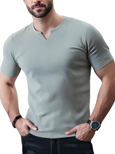 Yewloch Herren Sommer Kurzarm T-Shirts mit V-Ausschnitt,Sports Casual T-Shirt,Slim Fit Basic Tops, Stretch Muskelshirts, Kurzarm & Langarmshirts Grau,L von Yewloch