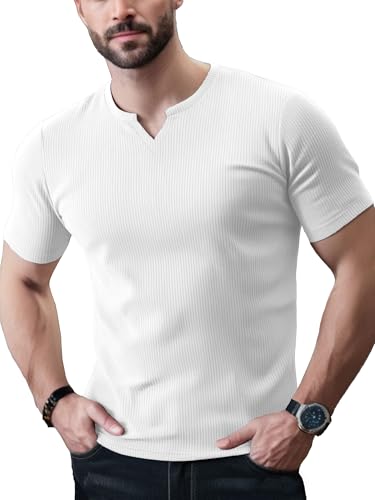 Yewloch Herren Sommer Kurzarm T-Shirts mit V-Ausschnitt,Sports Casual T-Shirt,Slim Fit Basic Tops, Stretch Muskelshirts, Kurzarm & Langarmshirts Weiß,L von Yewloch