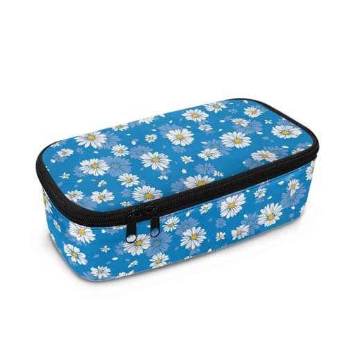 Yexignaon Federmäppchen, niedlich, für Kinder, großes Fassungsvermögen, Federmäppchen für Mädchen, leichtes Schreibwaren-Federmäppchen mit Netztasche, Blaue Gänseblümchen, Taschen-Organizer von Yexignaon