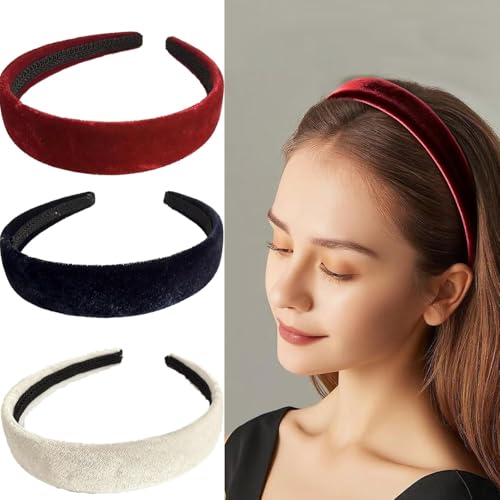 Yexueer 3 schwarze Samt-Haarbänder für Damen, DIY-Haar-Accessoires, rutschfest, kein Schwamm, Haarband (Weinrot + Weiß + Marineblau, Einheitsgröße) von Yexueer