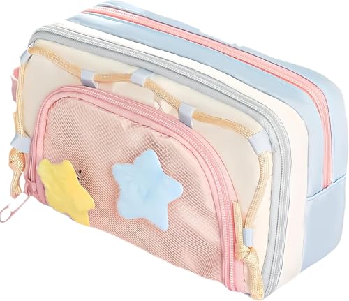 Yezhenzhen Tragbares, mehrlagiges Kawaii-Federmäppchen, Organizer, großes Fassungsvermögen, Farbblock-Design, Stifteetui, niedlich, funktionale Tasche, Rosa von Yezhenzhen