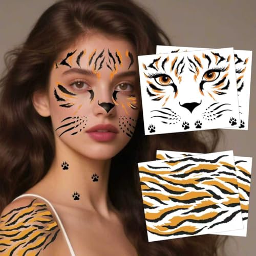 Yezirzax Tigerstreifen Face Art Sticker, Gesichtstattoo Temporäre Tattoo, Tigerstreifen Schminke Selbstklebendes Gesichtstattoo für Karneval Fasching Geburtstag Halloween Kinder Party (Tiger) von Yezirzax