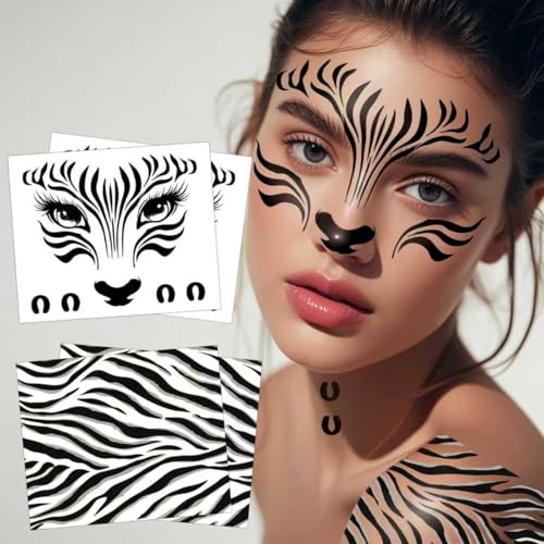 Yezirzax Zebramuster Face Art Sticker, Gesichtstattoo Temporäre Tattoo, Zebramuster Schminke Selbstklebendes Gesichtstattoo für Karneval Fasching Geburtstag Halloween Kinder Party (Zebra) von Yezirzax