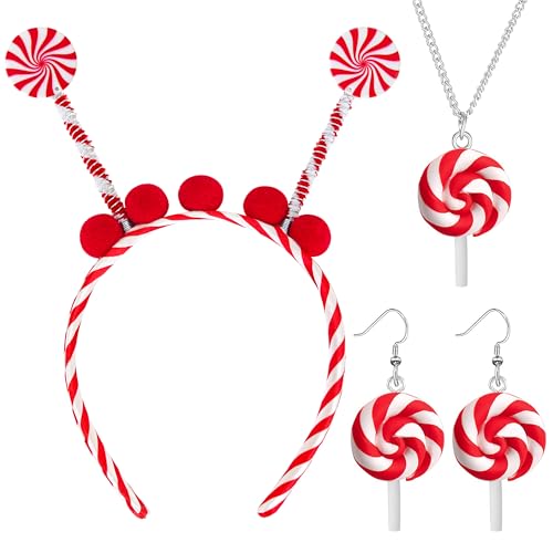Yezmo 4PCS Lollipop Kostüm, Zuckerstange Kostüm Zubehör Mit Lollipop Haarreif Haarschmuck Lollipop Ohrringe Halskette Für Bonbon Kostüm Fasching Karneval von Yezmo