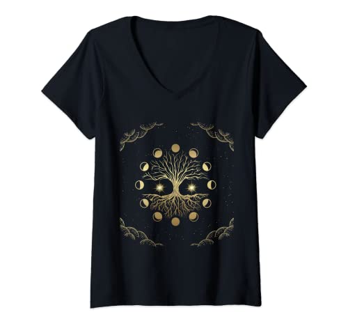 Damen Baum des Lebens Mondphasen Yggdrasil T-Shirt mit V-Ausschnitt Damen Baum des Lebens Mondphasen Yggdrasil T-Shirt mit V-Ausschnitt von Yggdrasil The Celtic Tree of Life