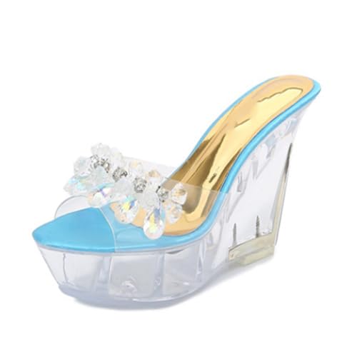 YhdtHSF 10,5 cm Damen Plateau Keilsandalen mit Strass Offene Zehenpartie Slip on High Heels,Blau,43 EU von YhdtHSF
