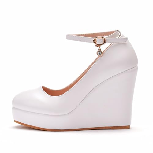 YhdtHSF 11CM Damen Schnalle Abendkleid Runde Zehe Plattform Knöchelriemen Keil High Heel Pumps Schuhe,Weiß,39 EU von YhdtHSF