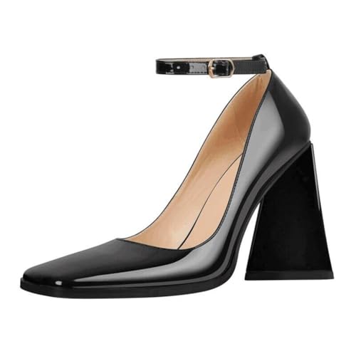YhdtHSF 12CM Damen Chunky High Block Closed Toe Heels Knöchelriemen Square Toe Pumps,Schwarz,38 EU von YhdtHSF