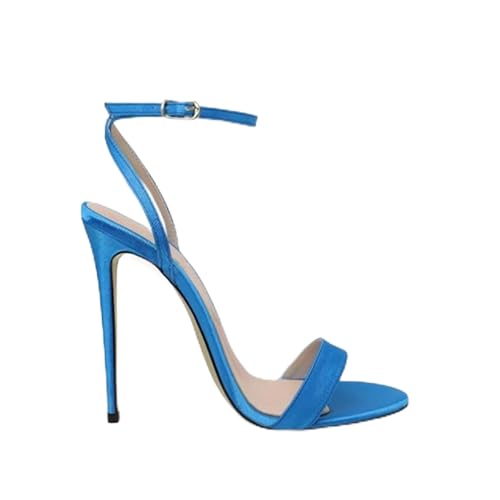 YhdtHSF 12CM Frauen Riemchen Schnürung Knöchelriemen Fersen Spitze offene Zehenpartie Stiletto High Heels Sandalen,Blau,34 EU von YhdtHSF