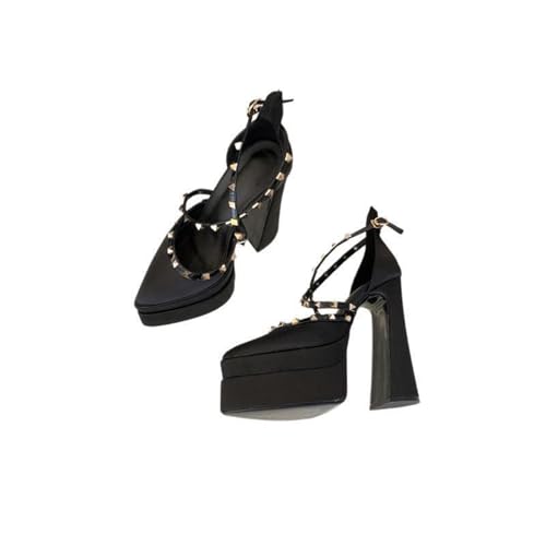 YhdtHSF 5,9 Zoll Damen Niete Spitze Knöchel Kreuz Riemen Pumps Plateau Chunky Kleid High Heel,Schwarz,39 EU von YhdtHSF
