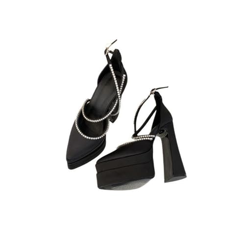 YhdtHSF 5.9In Damen Plattform Hohe Chunky Heels Strass Spitze Zeh Knöchelriemen Party Brautkleid Pumps,Schwarz,36 EU von YhdtHSF