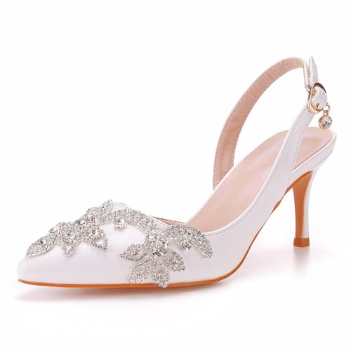 YhdtHSF 7,5 cm Damen Slingback Heels Geschlossene Spitze Spitze Hochzeit Party Kleid Pumps Schuhe,Weiß,41 EU von YhdtHSF