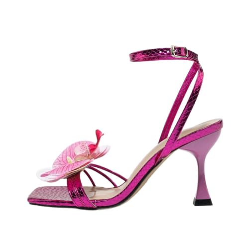 YhdtHSF 8CM Damen Quadratische Köpfige Dreidimensionale Blume Kreuz Knöchelriemen Hochhackige Sandalen,Lila,36 EU von YhdtHSF