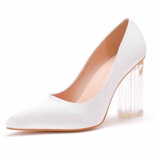 YhdtHSF 9,5 cm Kristall Transparent Spitz Ball Brautschuhe Seide Kleid Schuhe Hochzeit Frauen,Weiß,42 EU von YhdtHSF