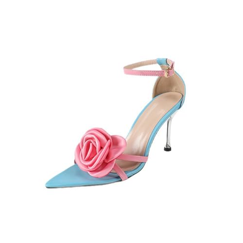 YhdtHSF 9CM Blume Satin Sandale Knöchelriemen Stiletto Absatz Blumen Sandalen für Frauen,Blau,43 EU von YhdtHSF