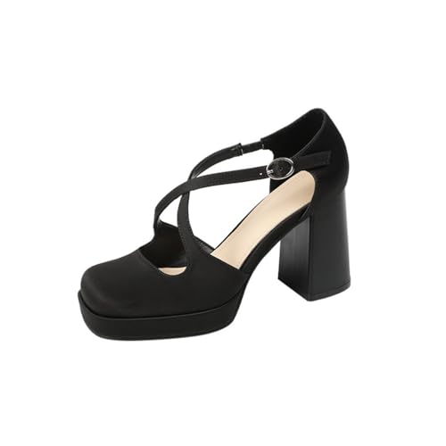 YhdtHSF 9CM Damen Chunky High Heels Kleid Schuhe Geschlossene Kreuz Riemen Schnalle Pumps Vintage Party Schuhe,Schwarz,40 EU von YhdtHSF
