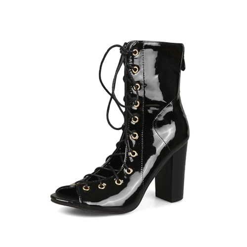 YhdtHSF 9CM Damen Offene Zehe Front Schnürung Lackleder Coole Stiefel High Heel Plus Size,Schwarz,41 EU YhdtHSF 9CM Damen Offene Zehe Front Schnürung Lackleder Coole Stiefel High Heel Plus Size,Schwarz,41 EU von YhdtHSF