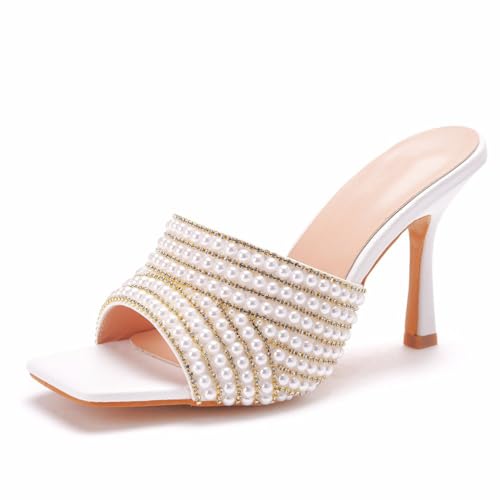YhdtHSF 9CM Damen Perlen Sandalen mit Absatzquadratische offene Zehenpartie Chunky Block Heel Sommer Slides,Weiß,39 EU von YhdtHSF