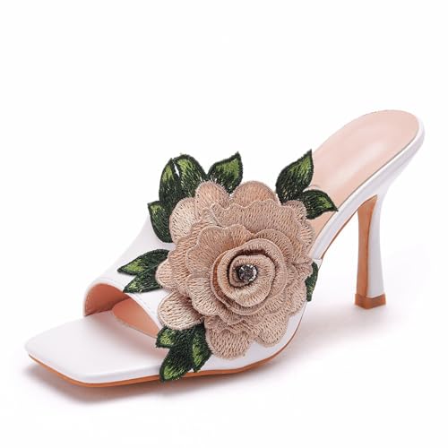 YhdtHSF 9CM Heels Sandalen Stiletto mit quadratischer Zehenpartie One-Strap Sandalen mit Absatz Slip-On Mule Heels für Damen,Weiß,38 EU von YhdtHSF