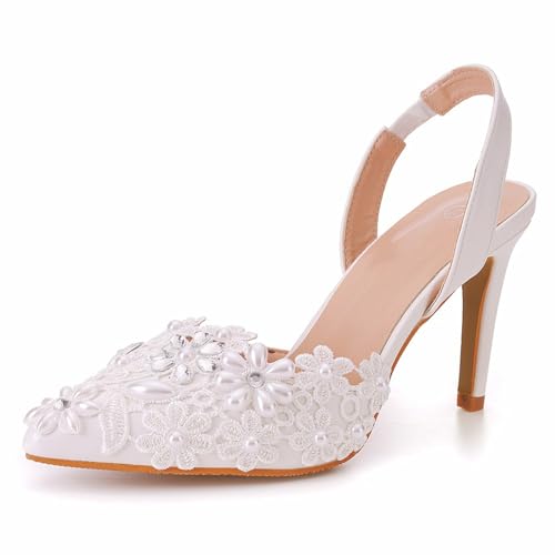 YhdtHSF 9CM Slingback Hochzeit Heels für Frauen Braut Spitze Absatz Geschlossene Spitze Zehe Perle Pumps Schuhe,Weiß,41 EU von YhdtHSF