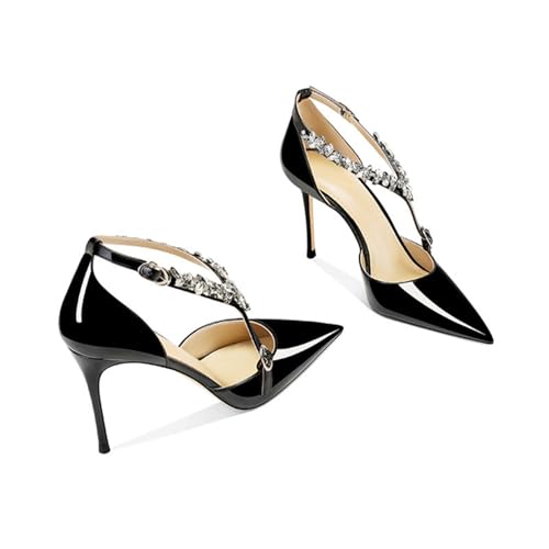 YhdtHSF Damen Leder Strass High Heels Geschlossene Spitze Zehe Braut Kleid Schuhe Knöchelriemen Pumps,Schwarz,40 EU von YhdtHSF