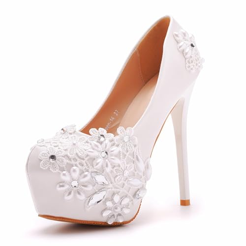 YhdtHSF Damen Weiße Spitze Plateau High Heels Pumps Schuhe Peep Toe 5,5 Zoll Stilettos Slip On Für Kleid Hochzeit Party Prom,Weiß,38 EU von YhdtHSF