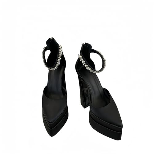 YhdtHSF Frauen Spitze Zehe Chunky Pumps High Heels Geschlossene Zehe Knöchelriemen 6 Zoll Hochzeit Party Nachtclub Kleid Schuhe,Schwarz,41 EU von YhdtHSF