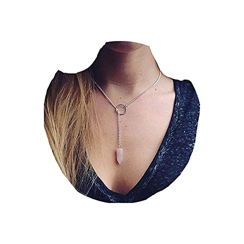 Yheakne Böhmen Hexagon Mondstein Halskette Silber Y Lariat Halskette Kette Vintage Rosa Edelstein Anhänger Halskette Kette Schmuck für Frauen und Mädchen von Yheakne