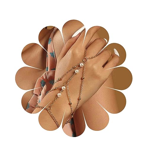 Yheakne Bohemia Layered Finger Armband Gold Pearl Slave Armband Vintage Pearl Finger Chain Armband Layering Ring Bracelet Everyday Armband Hand Harness Chain Schmuck für Frauen und Mädchen von Yheakne