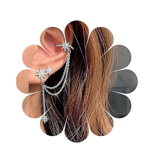 Yheakne Boho Crystal Star Cuff Chain Ohrringe Silber Cz Northstar Wrap Ohrringe Strass Star Knorpel Chain Ohrringe Cz Chain Quaste Ohrringe Long Chain Drop Ohrringe Schmuck für Frauen und Mädchen von Yheakne