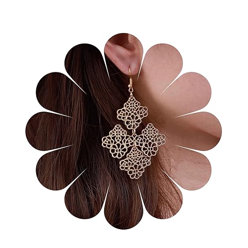 Yheakne Boho Filigrane Blumen Ohrringe Filigraner Kronleuchter Ohrringe Gold Hohl Spitzenmuster Ohrringe Geometrisch Quadratisch Ohrringe Floral Filigran Ohrringe Schmuck Für Frauen Und Mädchen von Yheakne