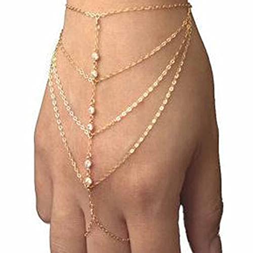 Yheakne Boho Fingerring Armbinde Gold Strass Sklave Kettenarmband Vintage Layered Quaste Armband Personalisieren Handkette Schmuck für Frauen und Mädchen Geschenke (Style 1) von Yheakne
